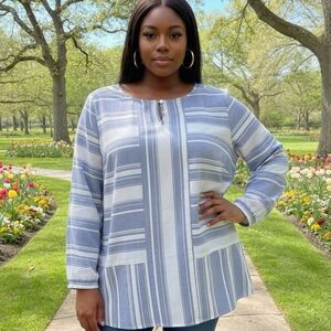 Striped Blue and White Women’s Long-Sleeve Tunic Top Boho Lightweight 2X